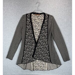 Belldini Cardigan Sweater Womens Medium Black White Knit Open‎ Front Patterned
